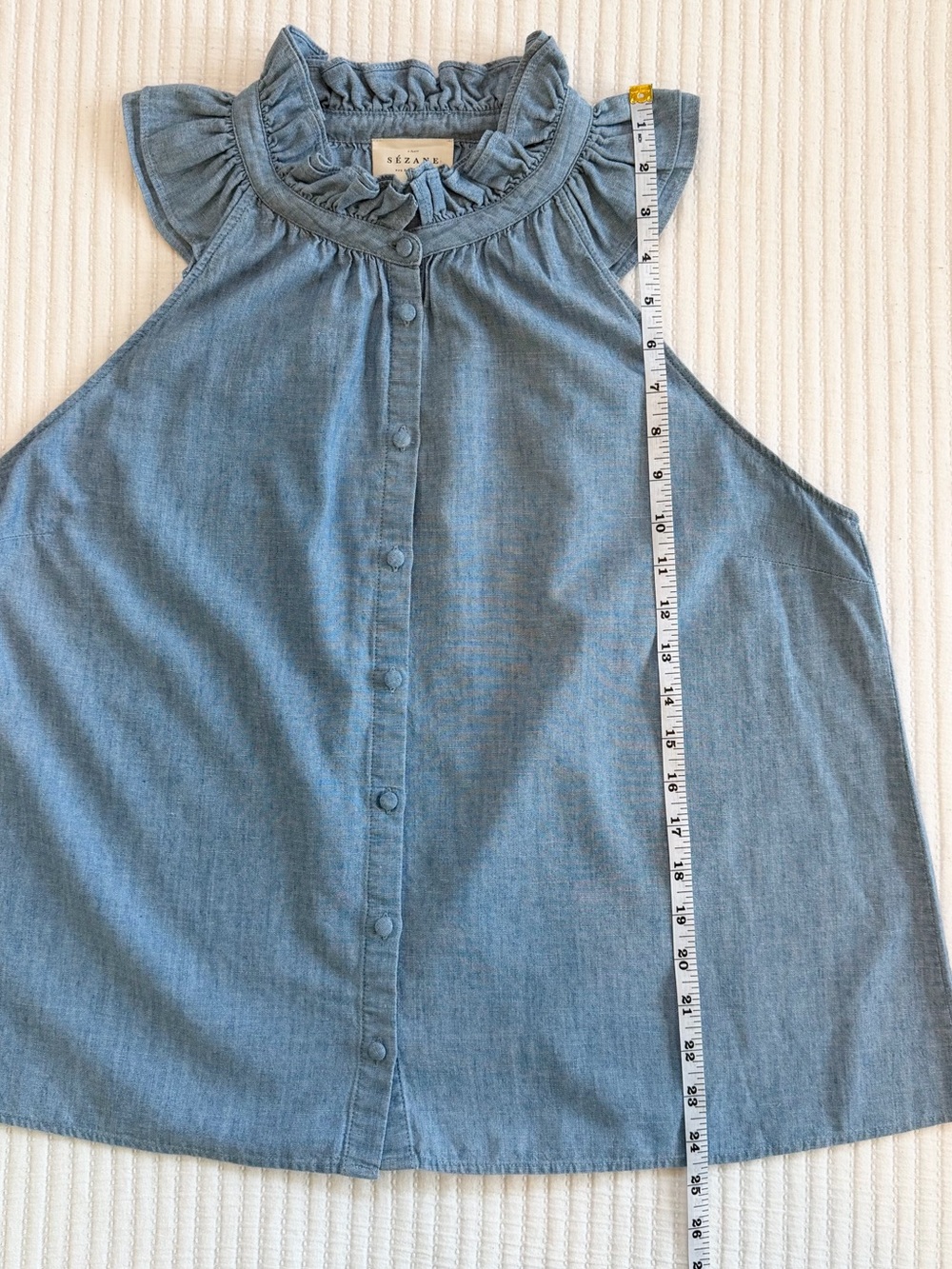 Sezane Charlotte Ruffle Neck Chambray Denim Tank Top - Picture 7 of 7